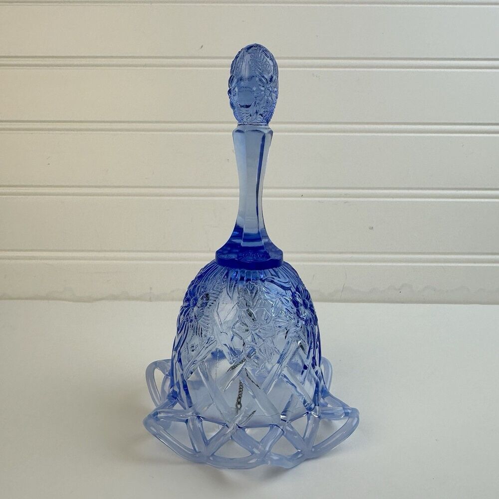 Fenton Art Glass Blue Opalescent Bell Floral Open Edge Lace Lattice Bottom 6.75”
